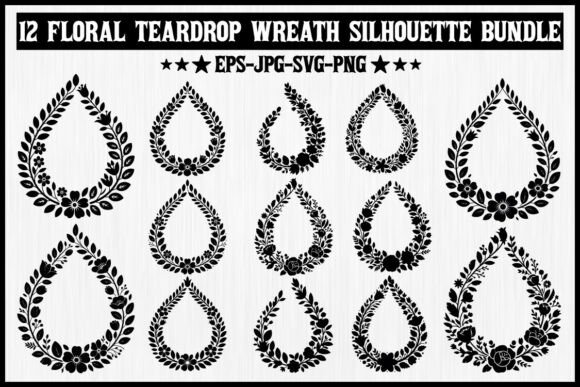 12 Floral Teardrop Wreath Silhouette Set - Elegant Graphics for Creative Projects