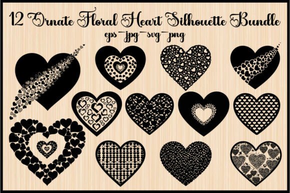 12 Ornate Floral Heart Silhouette Bundle for Graphics and Illustrations
