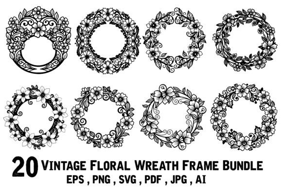 20 Vintage Floral Wreath Frame Bundle for Illustrations and Graphics
