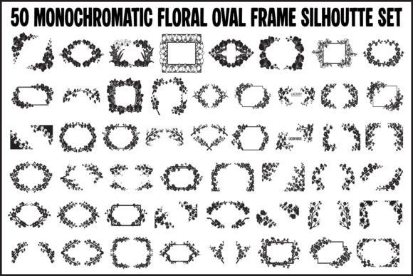 50 Monochromatic Floral Oval Frame Set for Crafting and Design