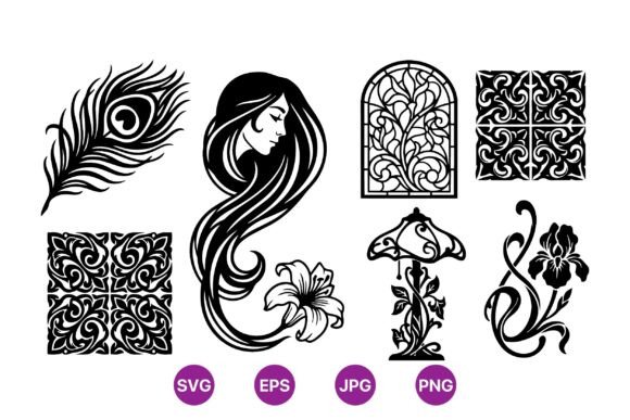Art Nouveau Floral Silhouette Pack: Graphics & Illustrations