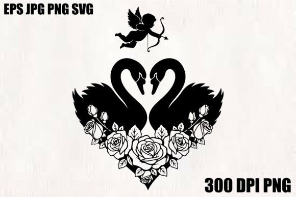 Cupid Swan Floral Heart Silhouette Graphics