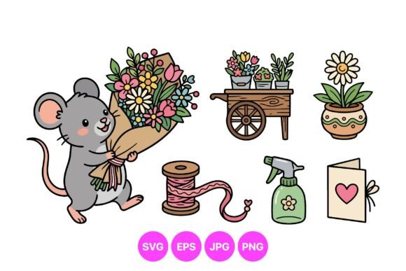 Cute Floral Mouse Clipart Set: Graphics & Illustrations