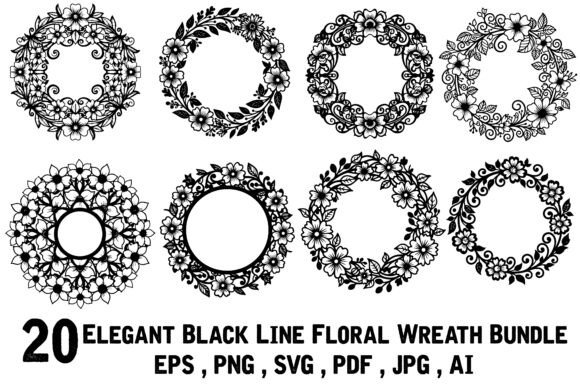 Elegant Black Line Floral Wreath Graphics