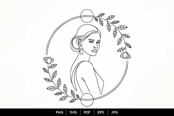 Elegant Woman Portrait Floral Frame Line Graphics