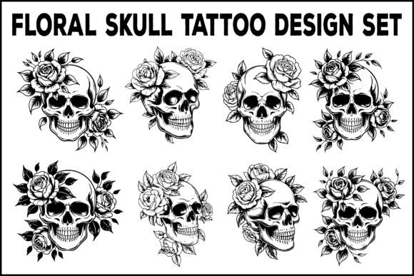 Floral Skull Tattoo Design Set – A Graphic Asset for Editorial Use