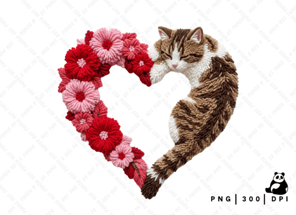 Floral Valentine Cat Love Latch Hook PNG for Crafting and Design